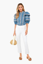 Blue Fernanda Tile Print Puff Sleeve Button Down Top